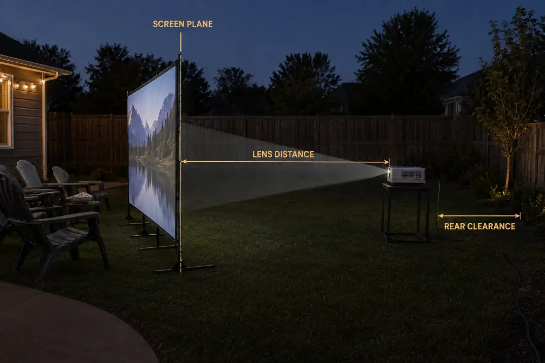 Side-view rear-projection layout showing the screen plane, lens distance, and working clearance behind the projector.