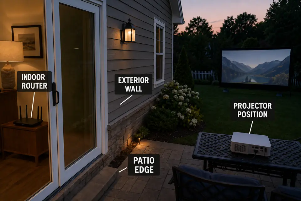 Indoor router, exterior wall, patio edge, and final projector position along a backyard Wi-Fi route.