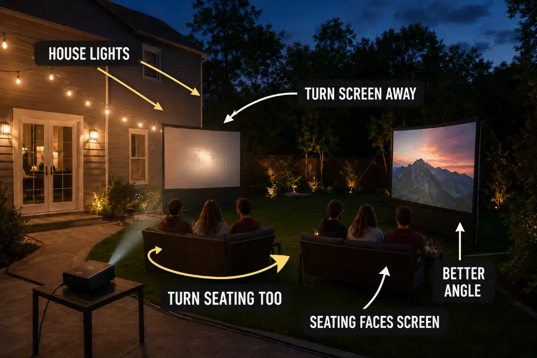 Outdoor movie screen rotated away from house lights to reduce glare on the screen face.