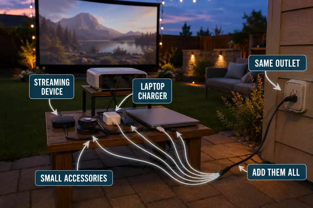 Streaming device, laptop charger, and small accessories shown adding to one outlet load.