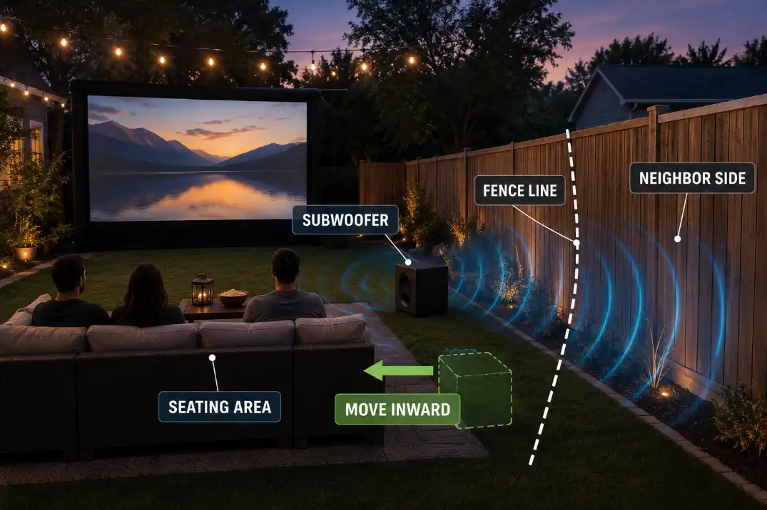 Subwoofer placed near a backyard fence with bass spill moving toward the neighbor side and an inward placement cue.