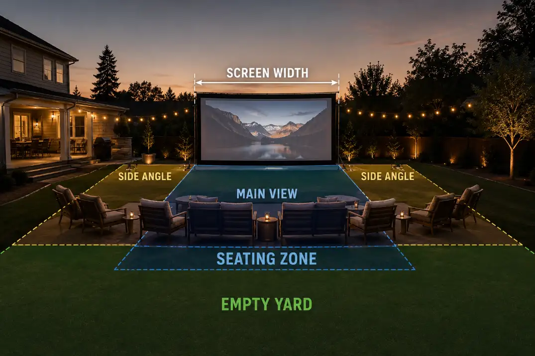 Backyard movie screen width matched to the main seating zone instead of the whole yard.