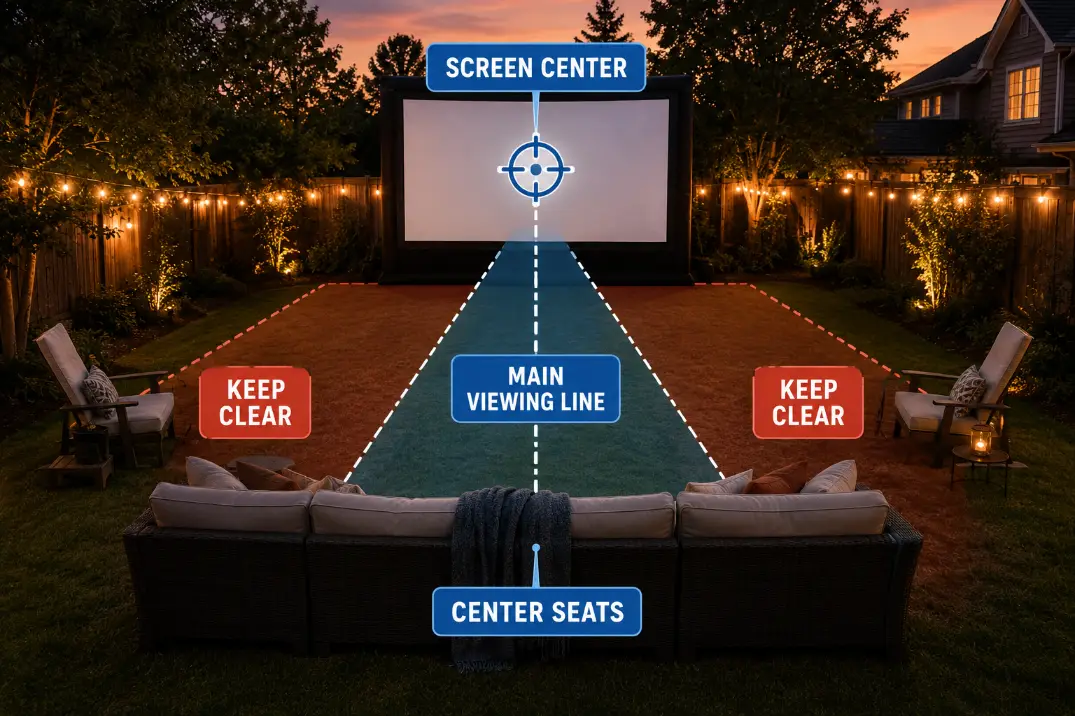 Main viewing line from center backyard movie seats to the screen center with side seating kept outside the clear path.