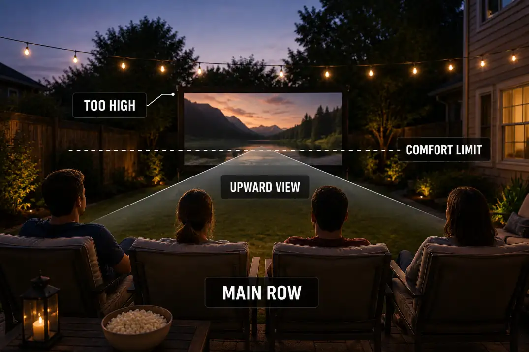 Outdoor movie screen mounted too high, forcing the main seating row into an upward viewing angle.