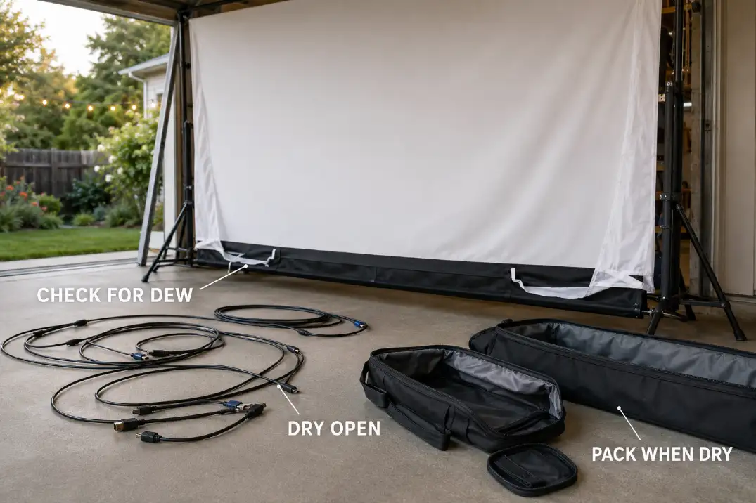 Outdoor movie screen and cables left open to dry before their storage bags are closed.