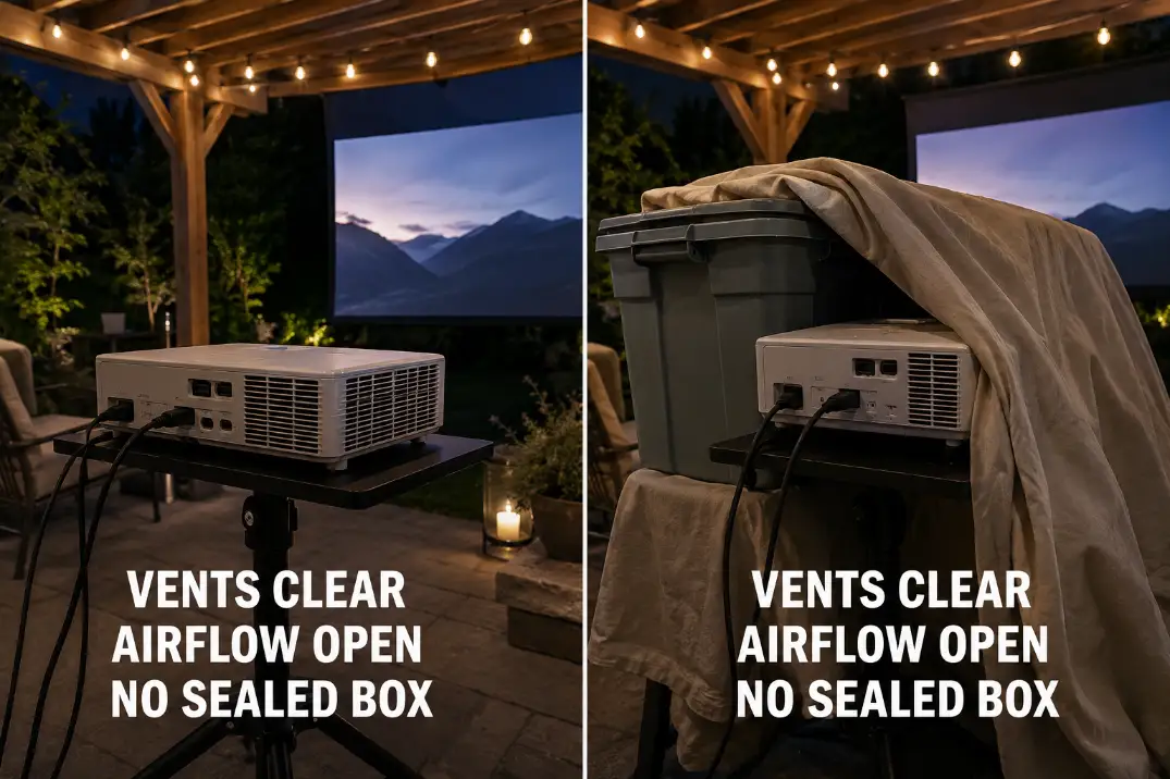 An outdoor projector has open ventilation under overhead shelter beside a vent-crowding improvised cover.