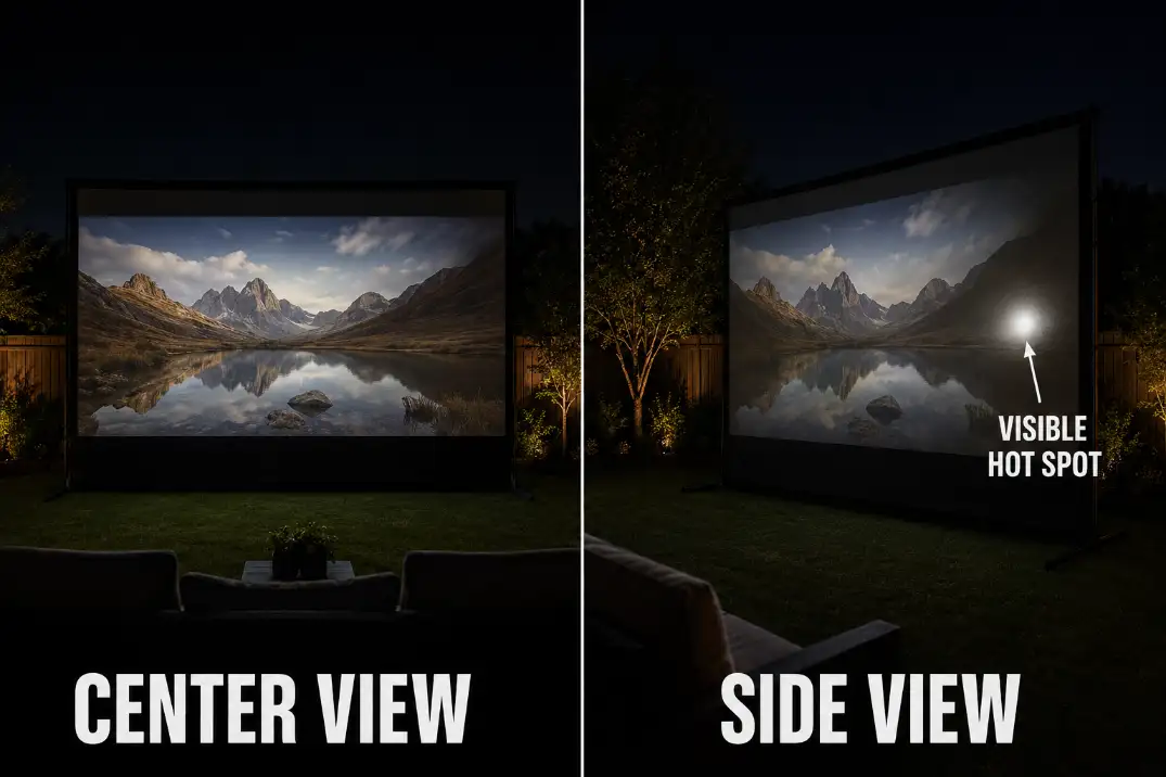 Matched center and side seating views showing how a projector hot spot can appear through a rear-projection screen.