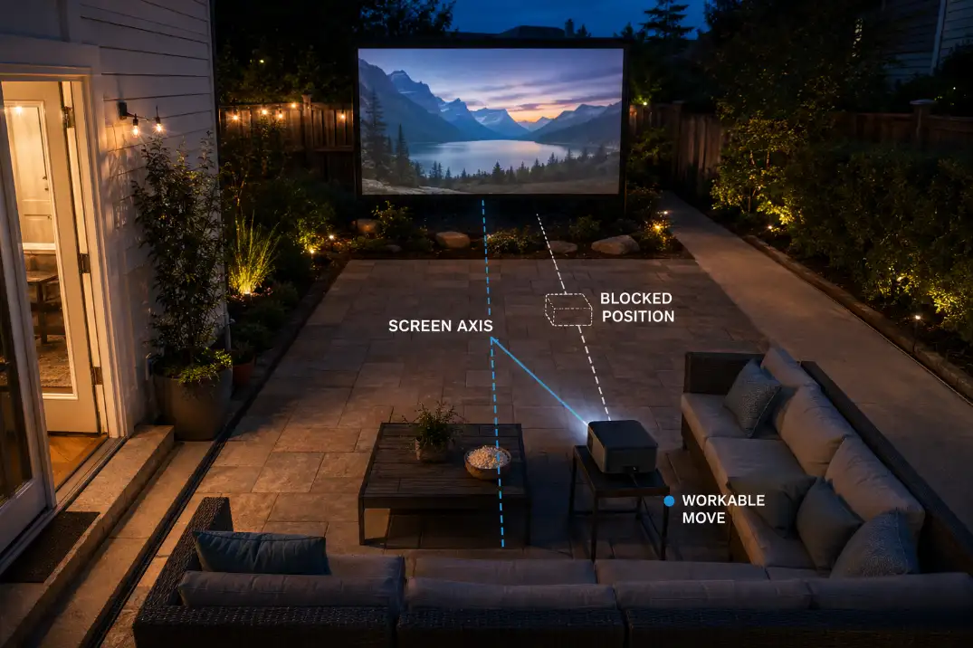 Patio layout showing a blocked projector position and a safer workable move.