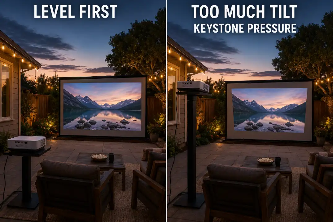 Matched comparison of a level backyard projector and an overly high tilted projector creating keystone pressure.