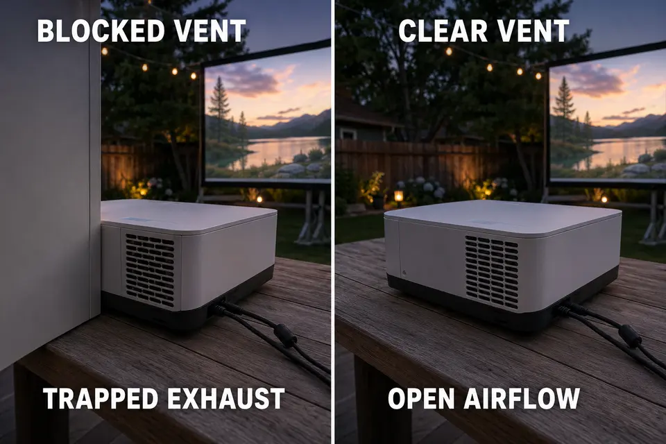 Matched outdoor projector setups showing a blocked vent and the same vent open to airflow.