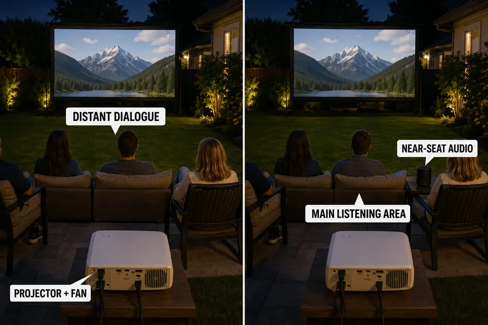 Matched backyard setup comparing distant projector audio with an external speaker near the main listeners.