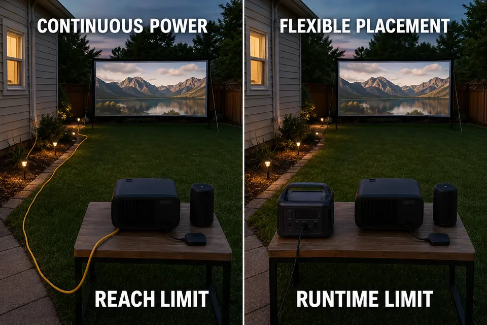 Matched outdoor projector setups comparing continuous corded power with the finite runtime of a nearby battery station.