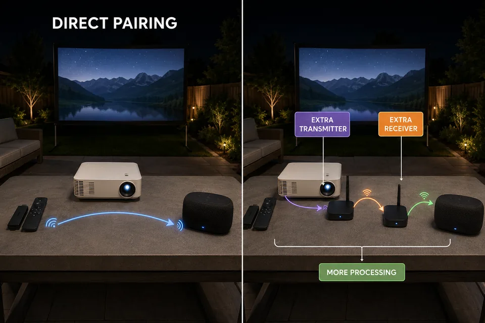 Direct Bluetooth pairing compared with a path using extra transmitter and receiver stages.