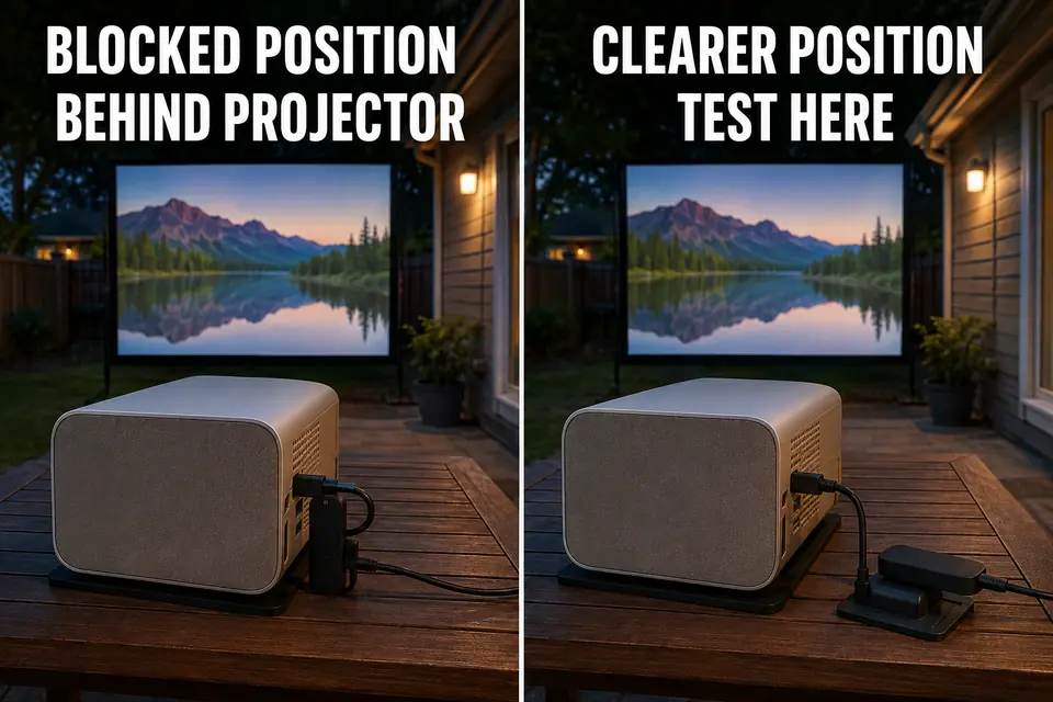 Hidden streaming stick behind an outdoor projector compared with a supported, ventilated position beside it.