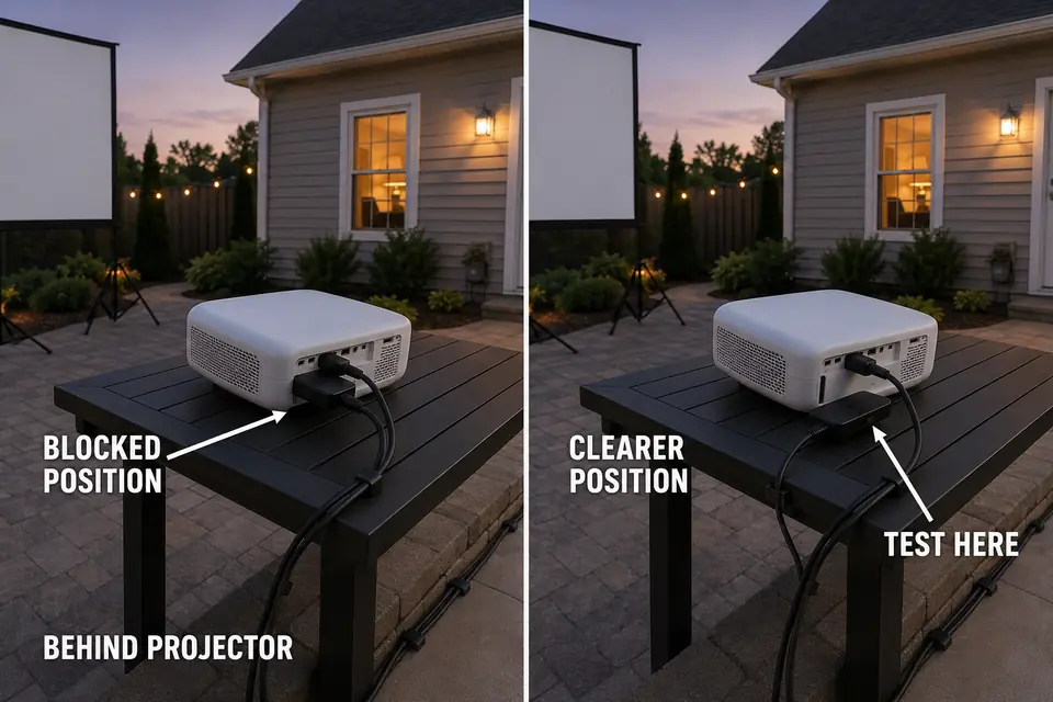 Streaming device hidden behind a projector compared with a clearer protected position beside it.