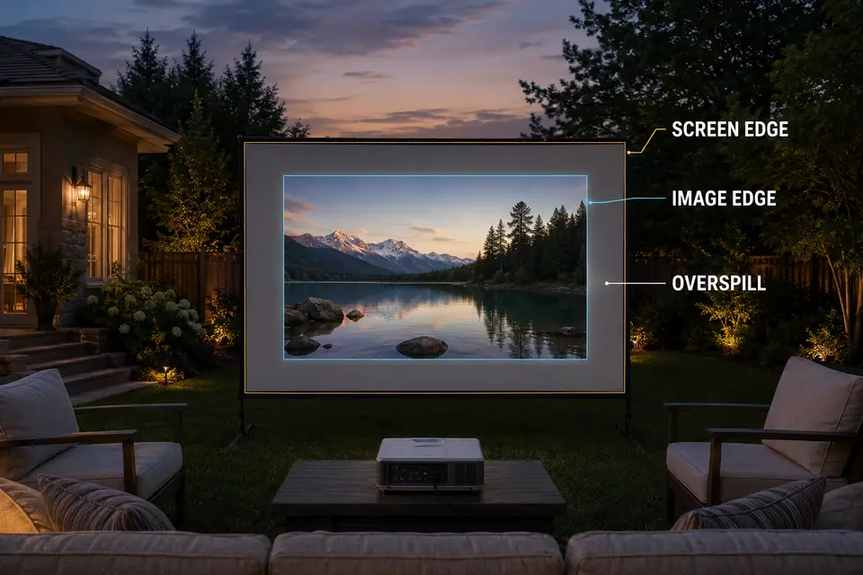 Outdoor projection screen showing separate physical screen and projected image edges.