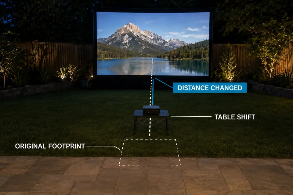 Outdoor projector shifted slightly forward from its original position on a table.