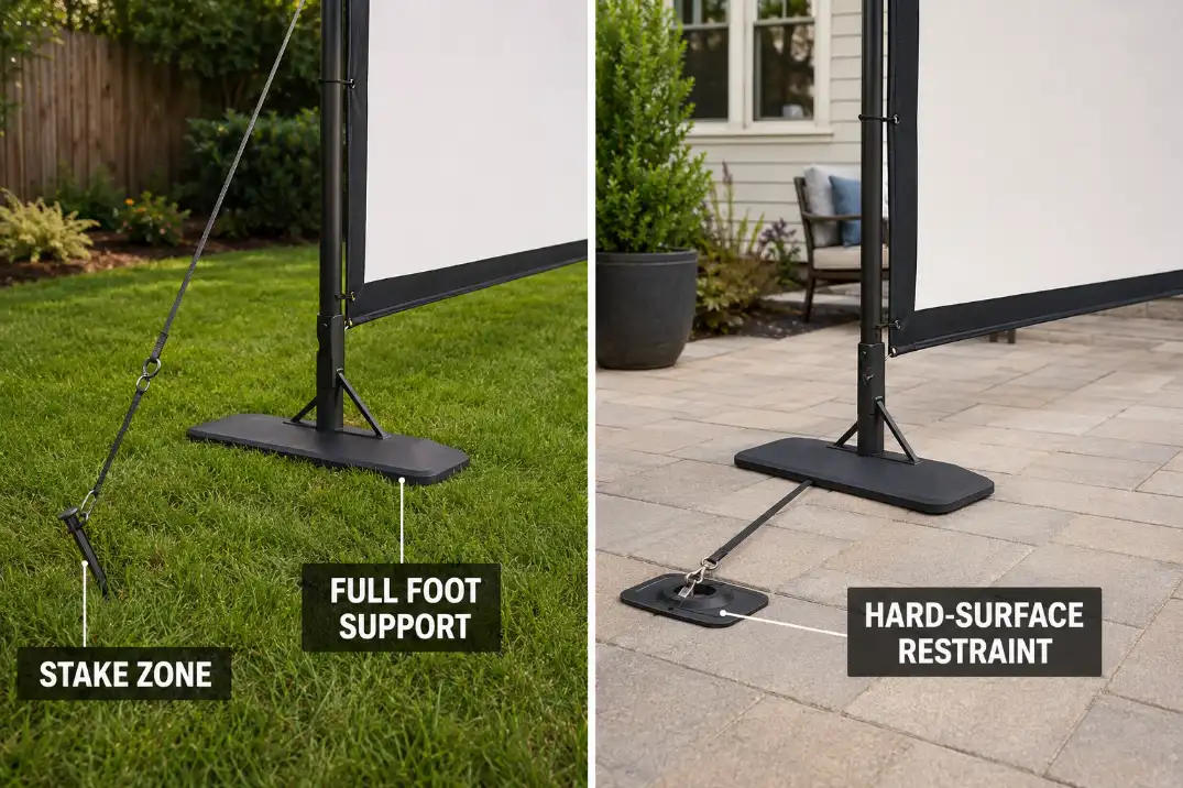 Grass stake placement compared with approved hard-surface screen restraint.