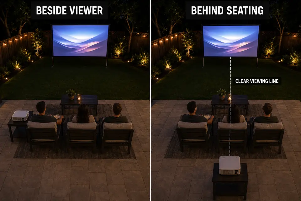 Outdoor projector beside a viewer compared with a position behind the backyard movie seating.
