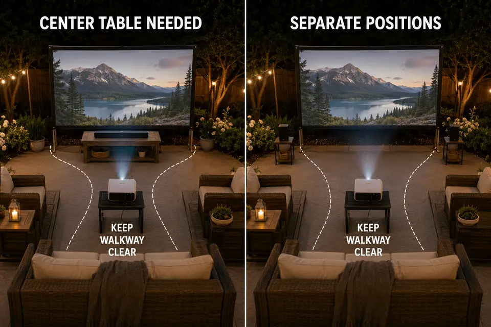 Patio comparison showing the wide central surface needed for a soundbar and separate positions used by portable speakers.