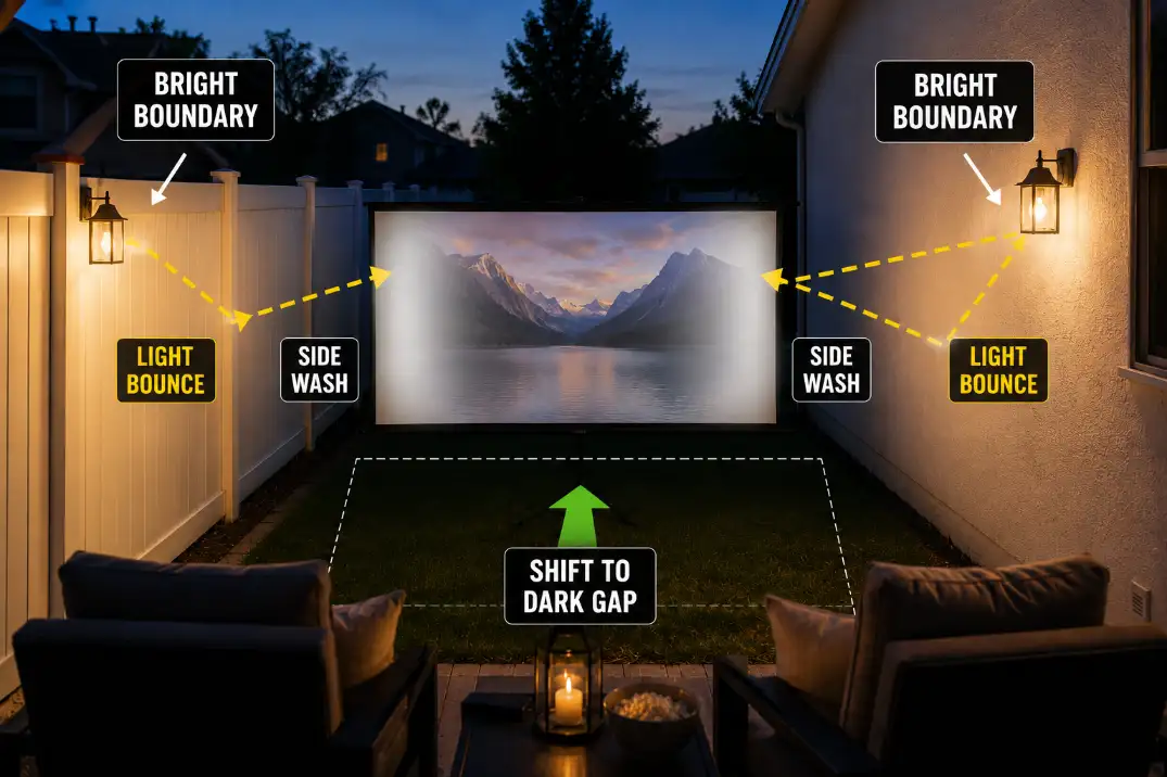 Pale fence reflecting patio light onto one side of an outdoor movie screen.