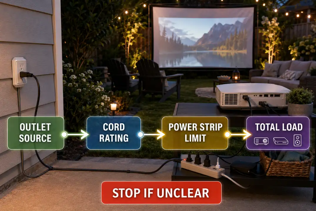Outdoor outlet, cord, strip, and total load shown as one capacity chain.