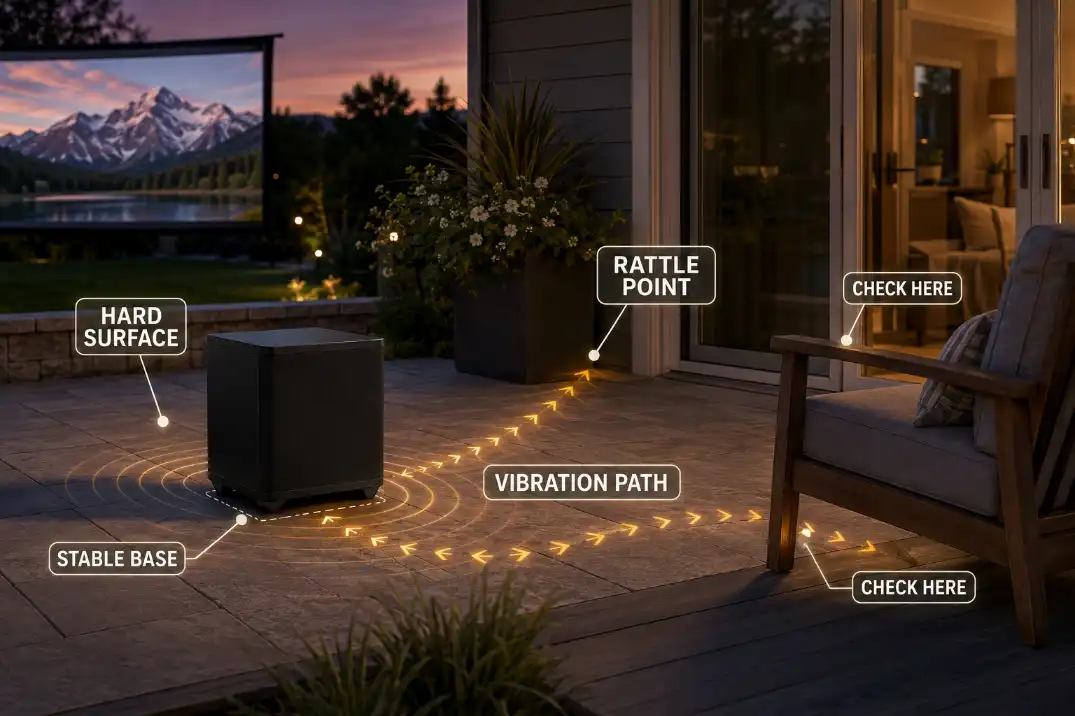 Outdoor subwoofer on a hard patio surface showing vibration transfer toward nearby rattle points.