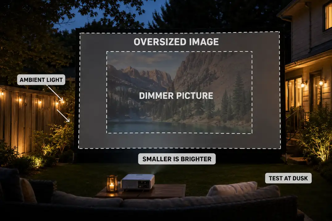 Oversized backyard movie screen showing how ambient light can make the projected image dimmer.