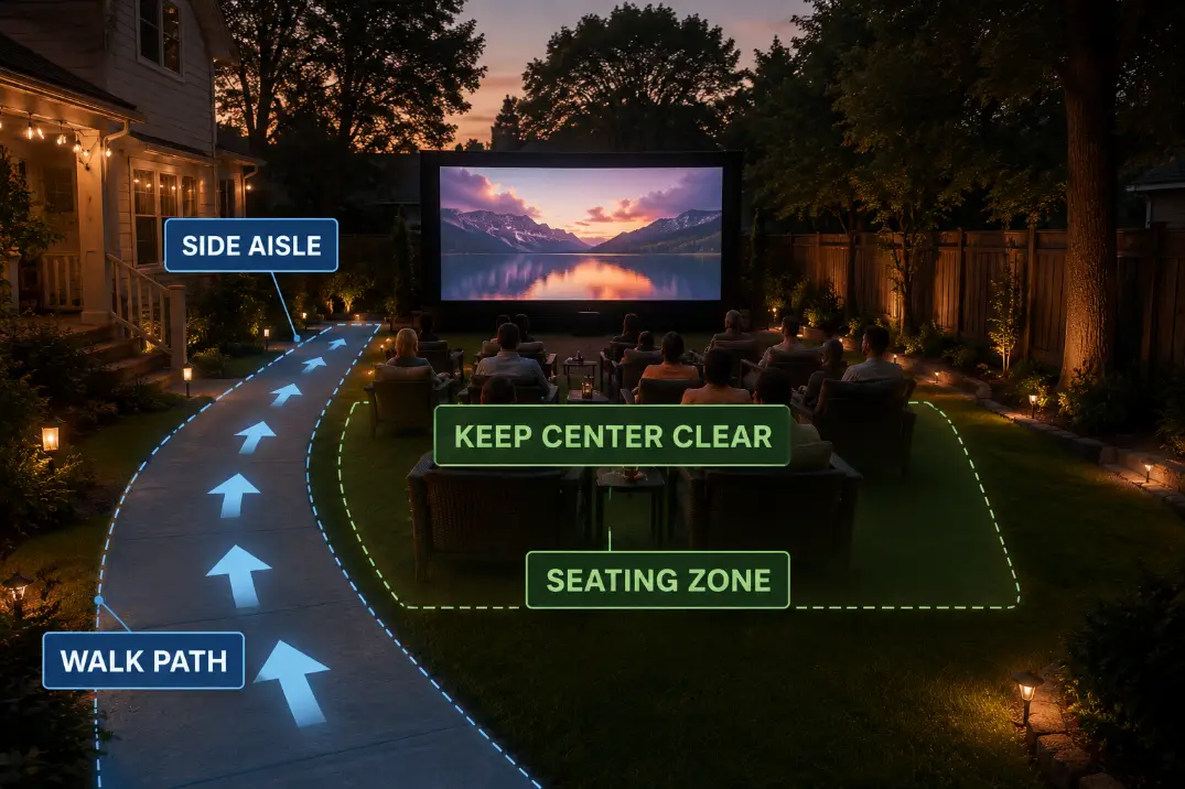 Backyard movie seating layout with a side aisle that keeps walking traffic out of the center screen view.