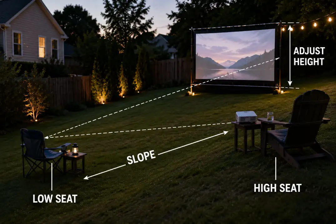 Sloped backyard movie layout showing low and high seating points used to adjust screen height.