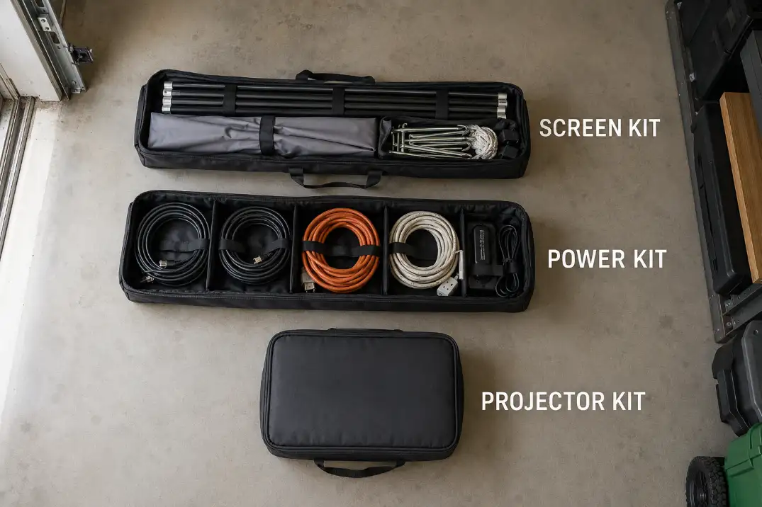 Screen, power, and projector kits organized by setup function for the next outdoor movie night.