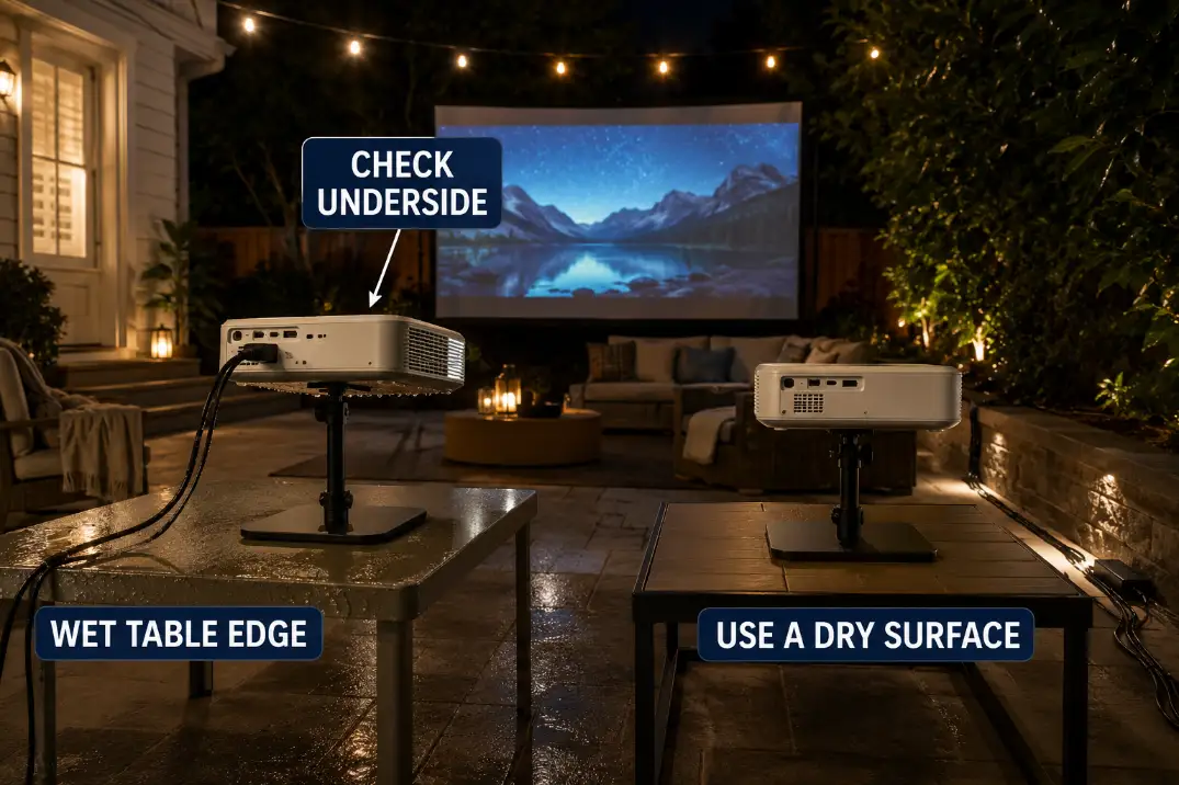 A damp table edge and projector underside are compared with a dry, stable support surface.