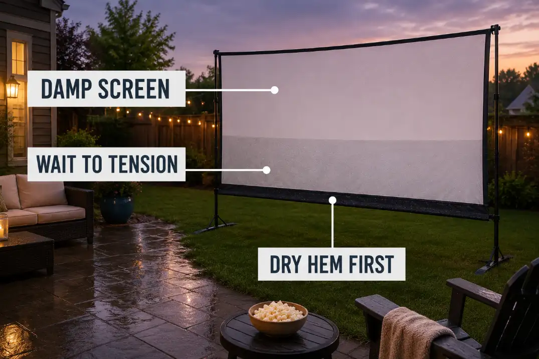 Outdoor projector screen after rain with damp lower hem and instruction to wait before tensioning.