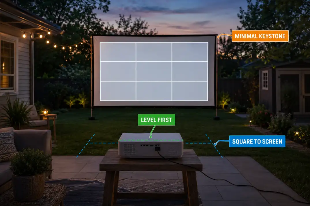 Level outdoor projector using a test grid before minimal keystone correction.