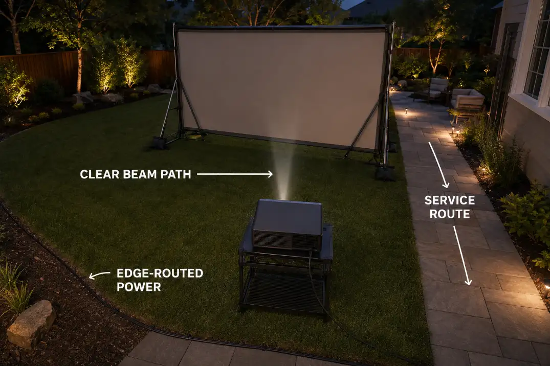 Elevated rear-projection layout separating the clear beam path, projector service route, and perimeter power cable.