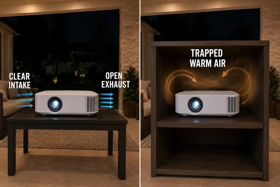 Outdoor projector with clear cooling airflow compared with warm air trapped by a tight enclosure.