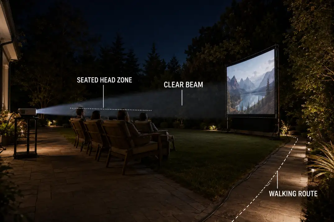 Backyard projector beam clearing seated viewers while a walking route stays along the patio edge.