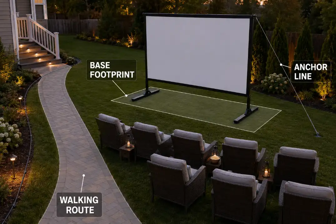 Screen feet and anchor line kept outside the backyard walking route.
