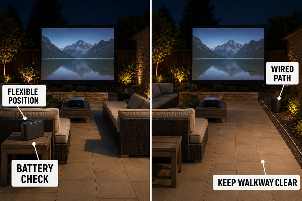 Matched outdoor movie layouts comparing flexible battery-speaker placement with a protected wired audio route.