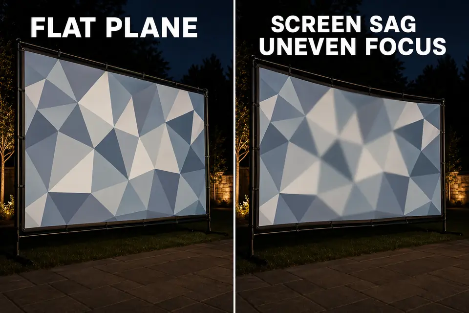 Flat outdoor movie screen compared with a sagging screen that creates uneven focus.