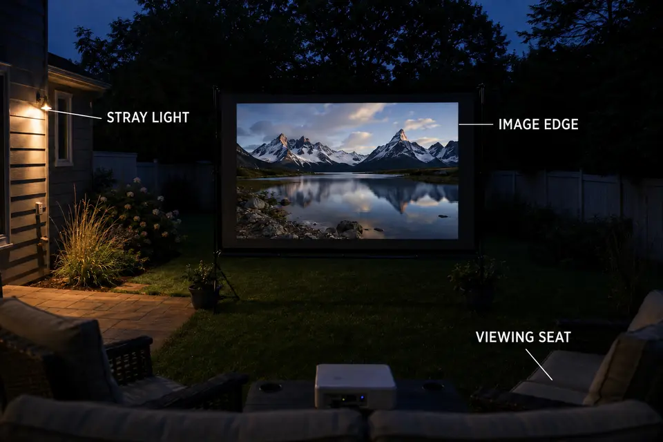 Outdoor movie screen viewed from seating with a visible image edge and nearby stray light.