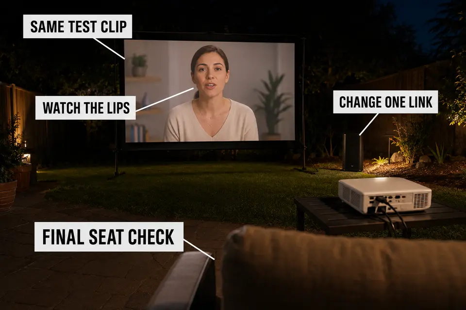 Outdoor movie lip-sync test performed from the final audience seat.