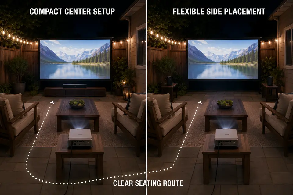 Compact patio comparing one centered soundbar position with portable speakers placed on stable side surfaces.