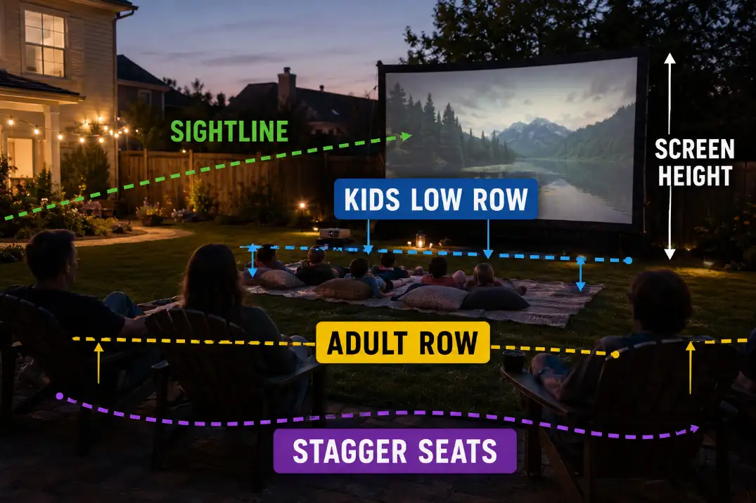 Kids’ low seating and adult second row arranged so both rows can see the backyard movie screen.