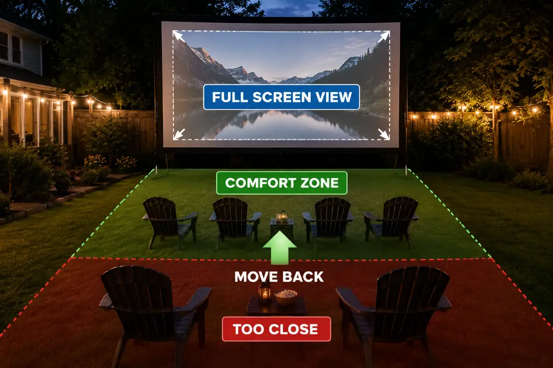 Outdoor movie chairs shown too close to the screen with a corrected comfort zone farther back.