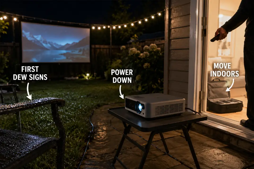 A dry projector completes shutdown as early dew appears and an open case waits indoors.