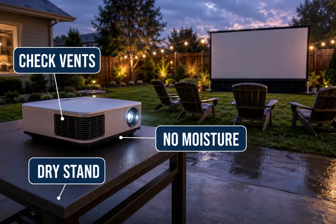 Projector on a dry table after rain with vents, stand, and moisture checked before powering on.