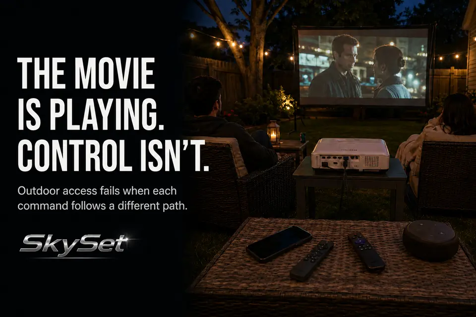 Backyard movie playing while its phone, projector remote, streaming remote, and audio controls remain fragmented.