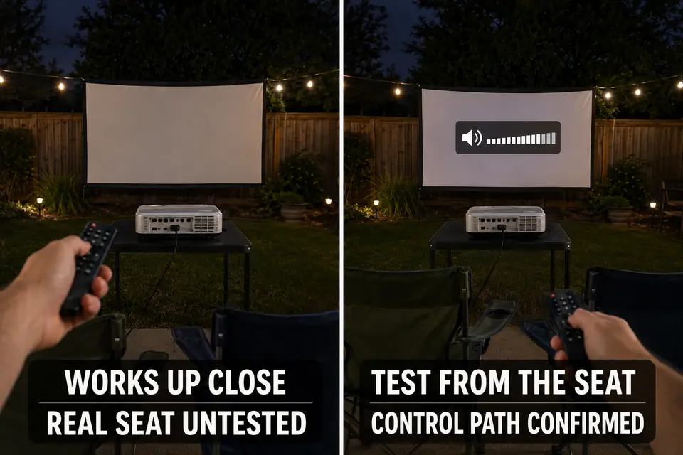 Matched backyard setup comparing a remote tested beside the projector with the same remote tested from the actual seat.