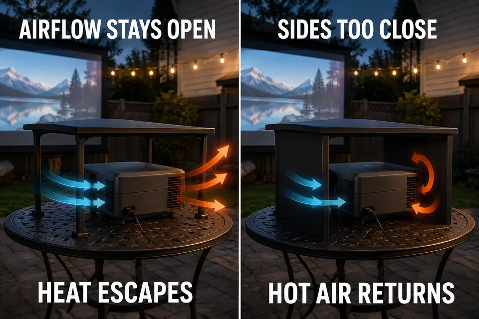 Open projector enclosure releasing exhaust compared with close sides that return warm air toward the projector.